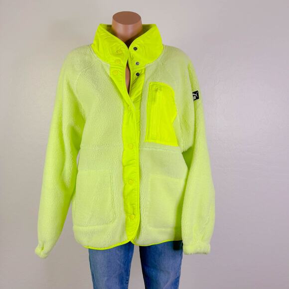 Puma Sherpa Fleece Jacket w/ Woven Pocket Neon Yellow Green Winter Active XL NWT - Picture 10 of 10
